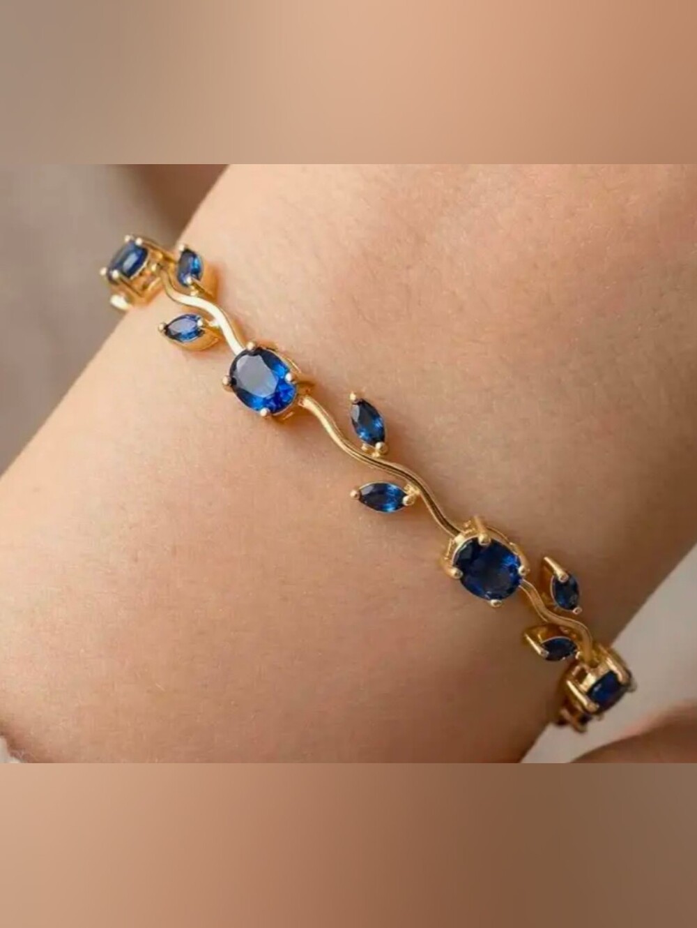 Non Tarnish Gold Bracelet with Deep Blue Gemstones 7" - W081525-51
